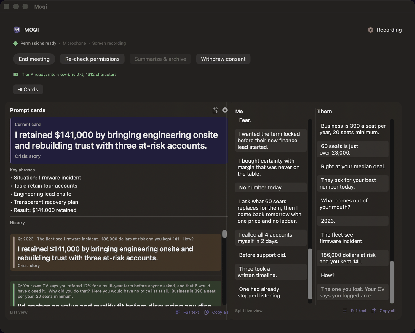 MOQI interview scenario, dark theme
