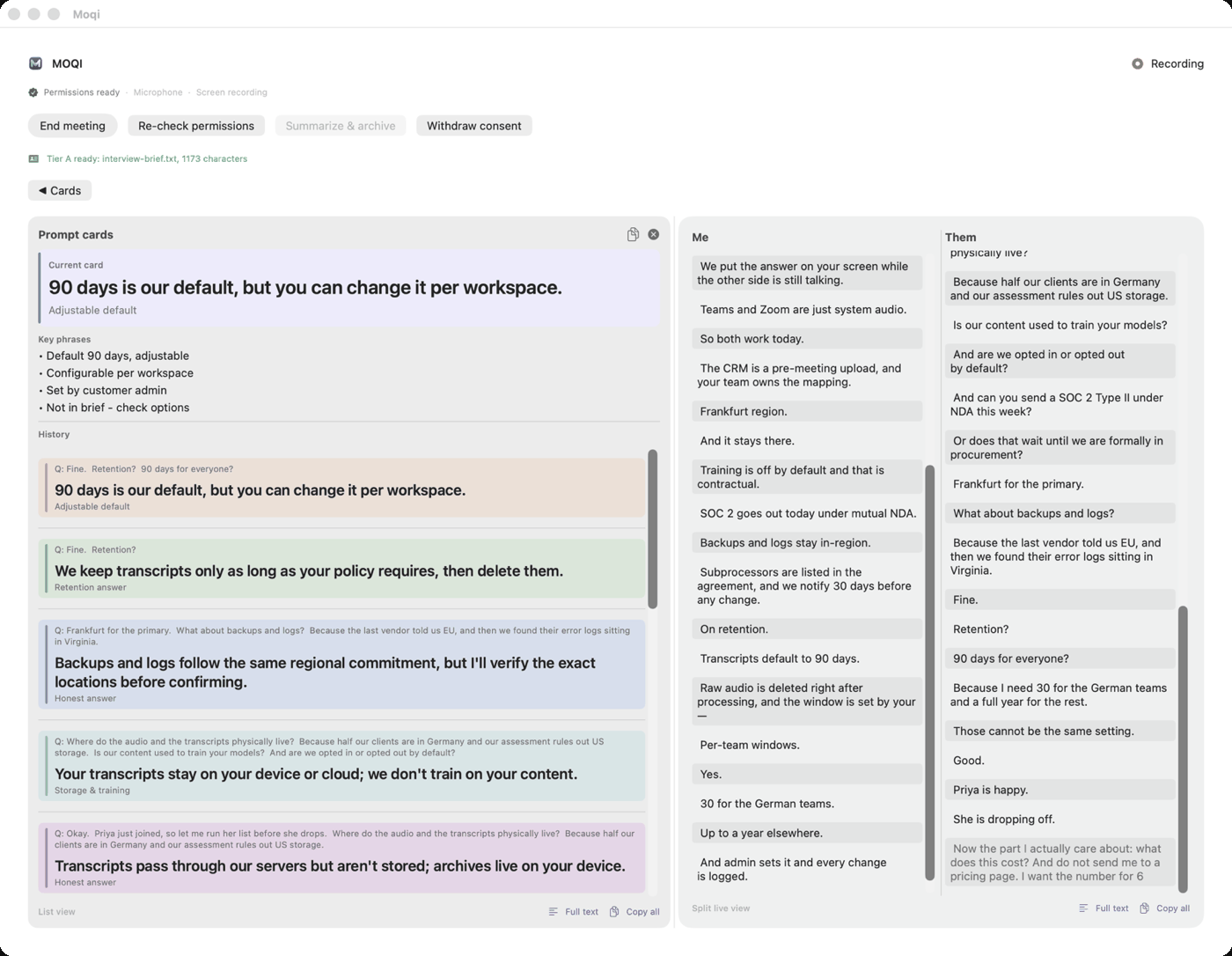 MOQI in-meeting view: prompt cards left, Me/Them subtitles right